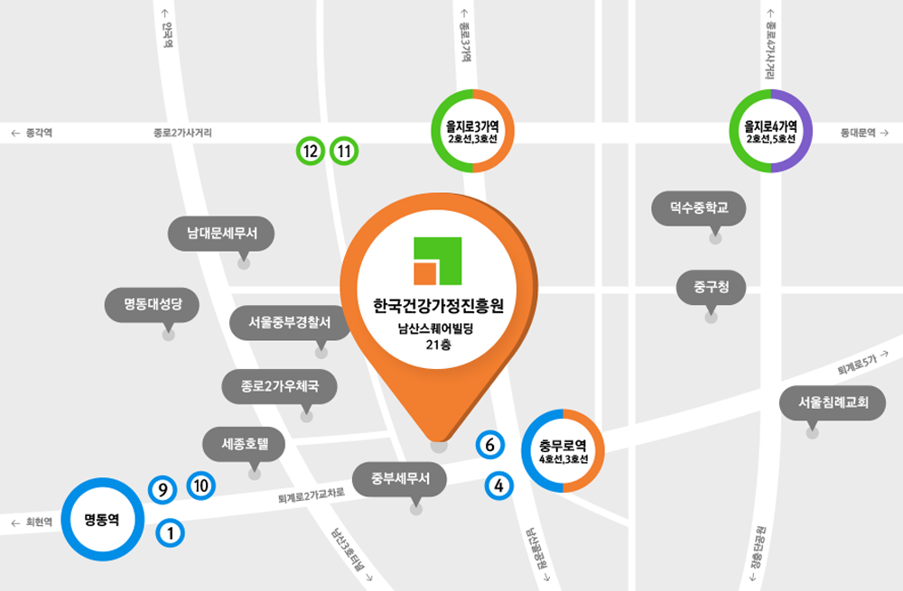 한국건강가정진흥원 약도 | (04554) 서울특별시 중구 퇴계로 173, 남산스퀘어 21층 (충무로 3가)